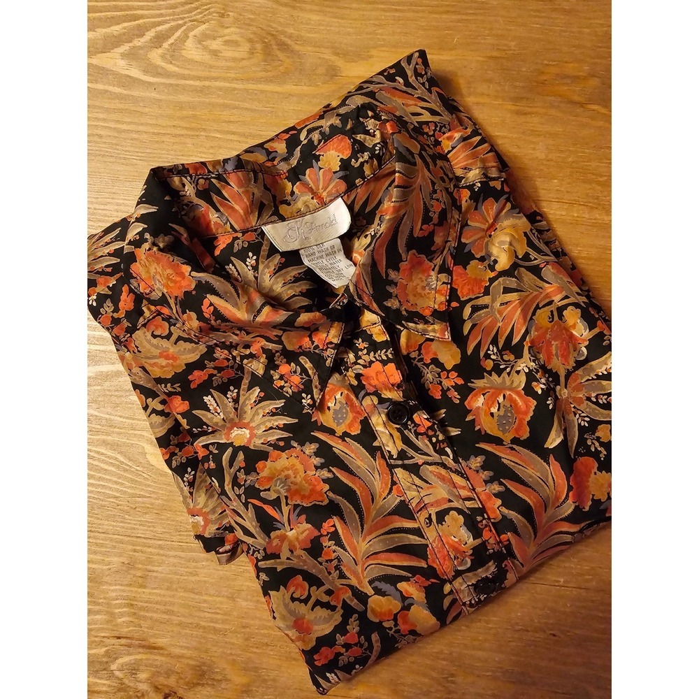 K Arnold Vintage 100% Silk Floral Paisley Button Down Shirt Mens Medium Black